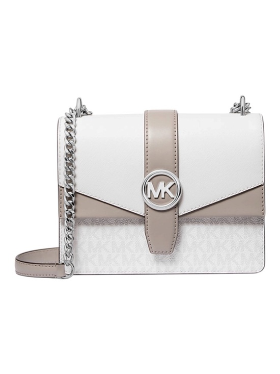 Michael Kors Handbags - Michael Kors White and Taupe Signature MK Chain Crossbody NWOT